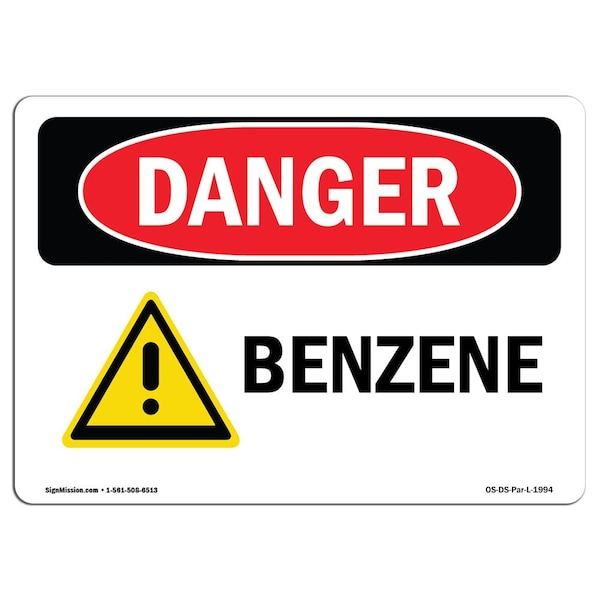 Safety Sign, OSHA Danger, 7" Height, 10" Width, Aluminum, Benzene, Landscape